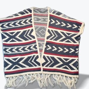 Southwestern Aztec Knit Poncho Do Everything In Love Vest Fringe‎ Navy Red OS